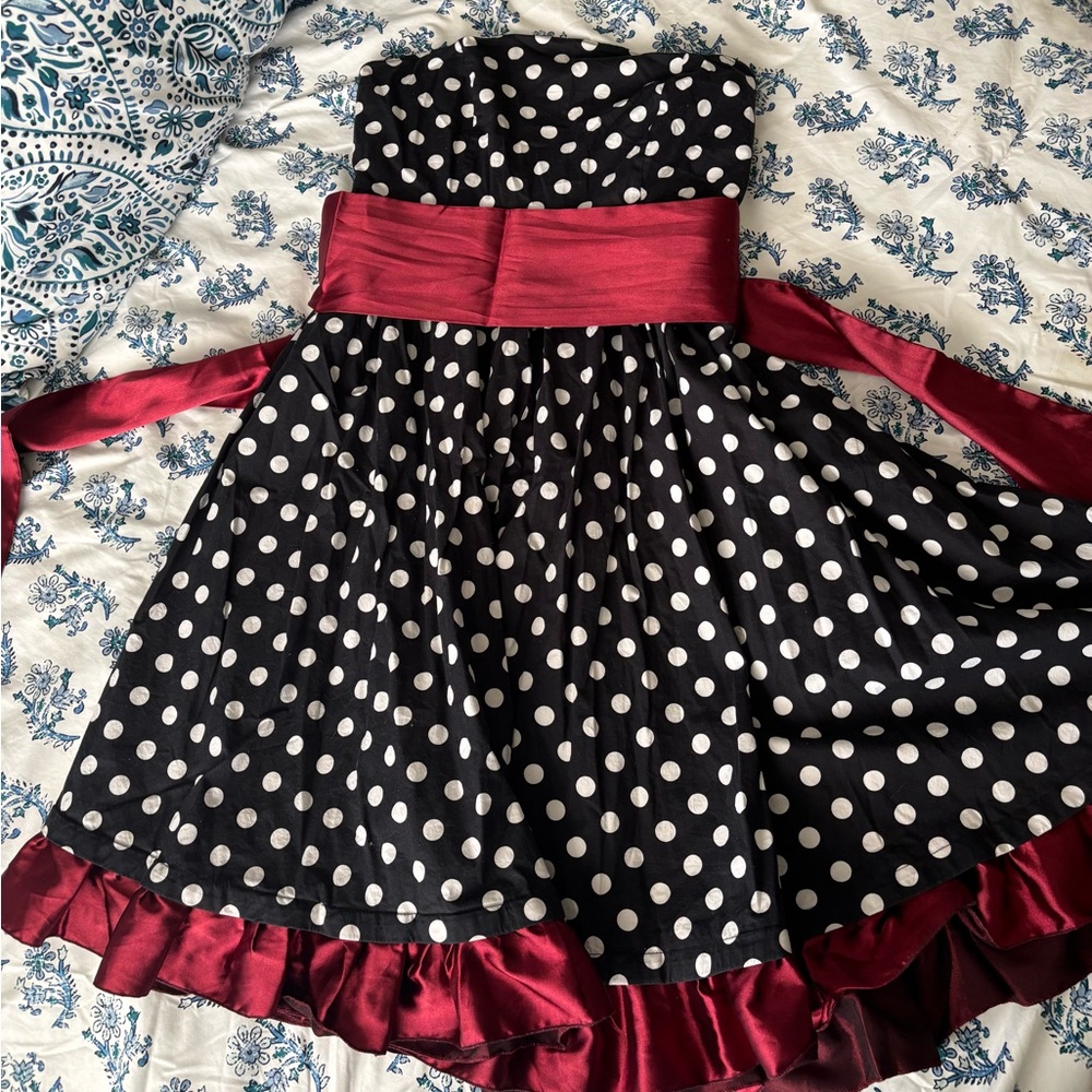 Strapless Black and White Polka Dot Dress with Burgundy Trim
